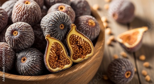 Close up of dried figs in a wooden bowl on a rustic surface