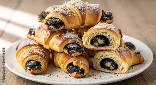 Golden poppy seed croissants with powdered sugar on a plate