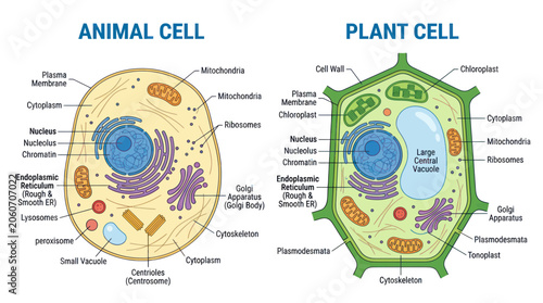Cuadro en lienzo Animal Cell vs Plant Cell Diagram: Biology Science Educational Illustration
