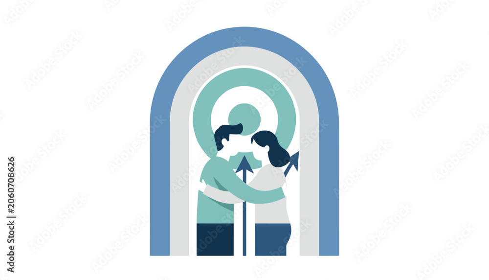 Fototapeta premium Romantic young couple hugging inside a blue-gray archway with a target and upward arrows in the background.