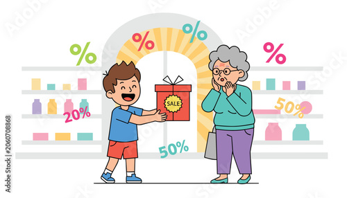 Young boy presenting a sale gift box to an appreciative senior woman in a grocery store aisle with discounts.