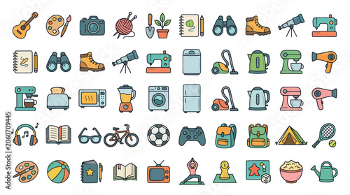 Doodle Icons: Hobbies, Crafts, and Home Appliances Collection