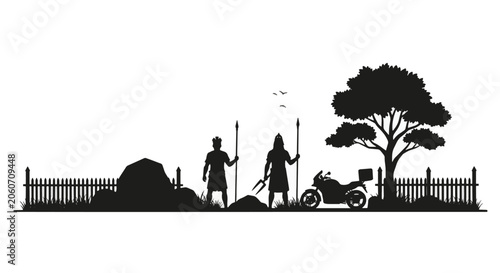 Black silhouette of two ancient warriors standing with spears next to a modern motorcycle under a tree, outdoor landscape with a picket fence and rocks on a white background.