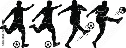 Soccer Player Kicking Ball Silhouette Vector Set – Black and White Football Action Poses, Striker Shooting, Dynamic Athlete Motions, and Sports Graphic Design Assets on White Background