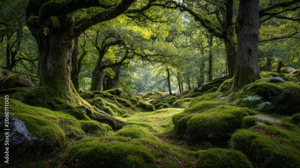 Obraz premium Enchanting Forest Pathway Surrounded by Lush Greenery and Ancient Trees in a Serene Landscape of Moss and Foliage