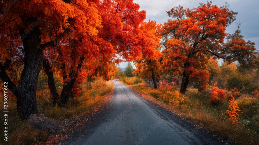 Fototapeta premium Scenic Autumn Road Surrounded by Vibrant Orange and Red Trees Under a Gray Sky in a Picturesque Landscape