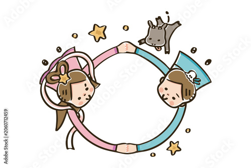 手をつなぐ織姫と彦星のイラストフレーム　七夕