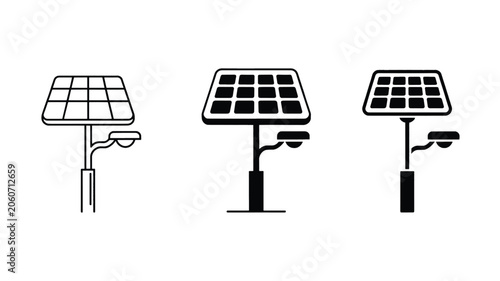 Three solar panel illustrations mounted on different poles with lamps