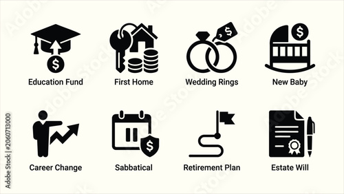 Solid black life events and financial planning milestone vector icon set