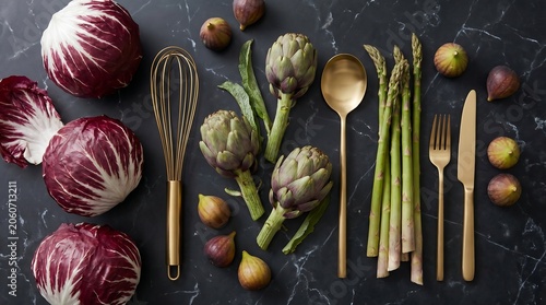 Premium Luxury Vegetables Artichokes Radicchio and Asparagus Gourmet Food Flat Lay on Dark Marble Kitchen Countertop