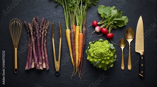 Premium Fresh Vegetables with Luxury Gold Kitchen Utensils on Dark Background