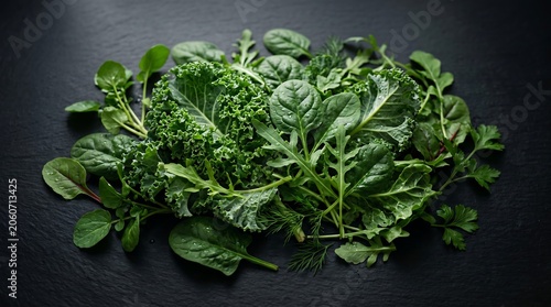 Freshly harvested green leafy vegetables pile on a dark background, showcasing healthy organic produce for a balanced diet