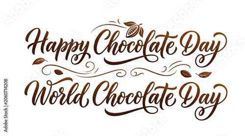 Happy Chocolate Day and World Chocolate Day calligraphy decorative lettering with cocoa beans and swirls isolated on white background for celebration