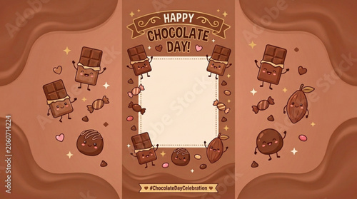 Happy Chocolate Day frame with cute chocolate bar characters and candies a sweet illustration for greeting cards social media posts and invitations