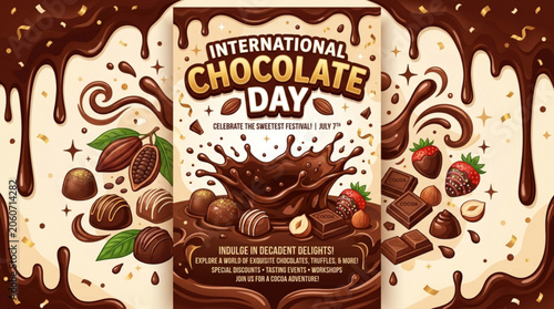 International Chocolate Day poster featuring rich chocolate splashes and confections perfect for celebratory promotions and sweet treat advertising