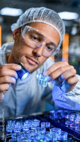 Scientist Examining Samples: A meticulous scientist, clad in protective gear and safety goggles, examines glowing blue liquid samples under a light in a sterile laboratory environment.
