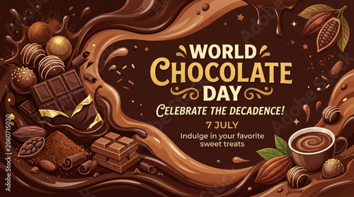 World Chocolate Day celebration with decadent chocolate treats cocoa beans and swirling liquid chocolate perfect for festive marketing and sweet confectionery promotions