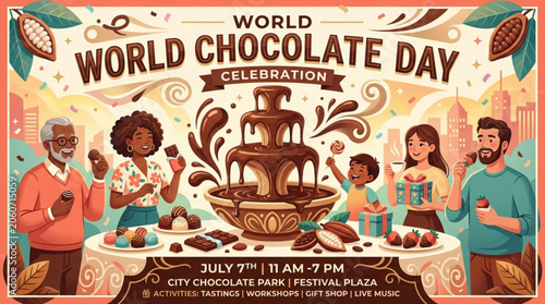 World Chocolate Day celebration banner with diverse families enjoying a chocolate fountain and treats featuring event details for a festive gathering