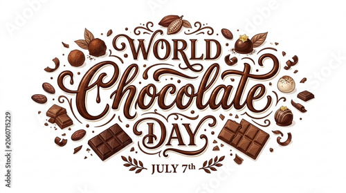 World Chocolate Day lettering with chocolate bars and truffles festive illustration for celebration and promotion isolated on white background