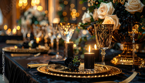 Mesa posta com elegância e detalhes dourados.