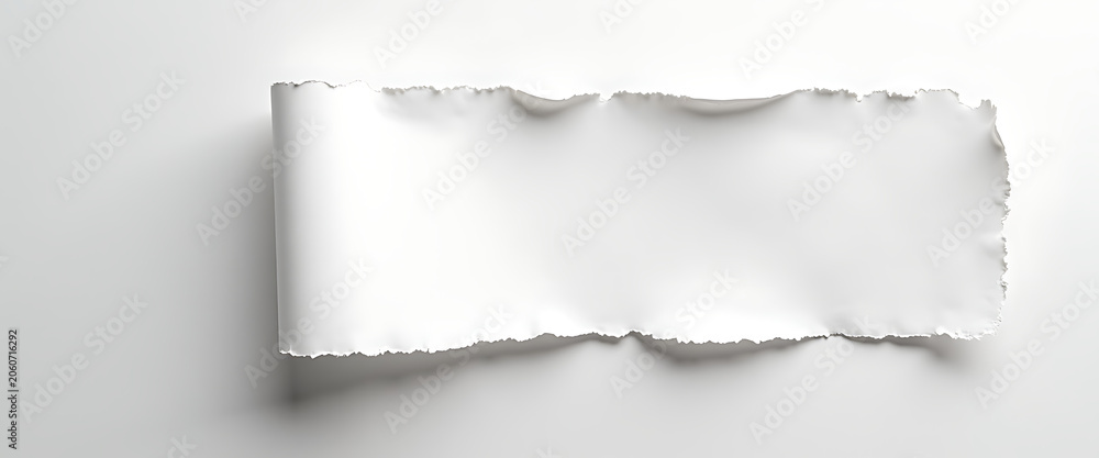 Fototapeta premium Torn paper with rolled edge and shadow on clean white background.