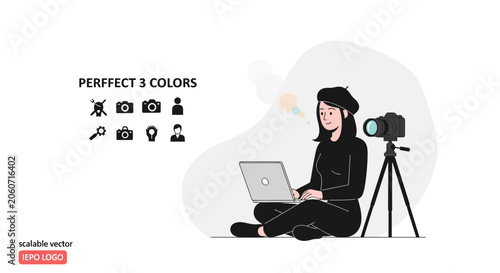 Creative Artist Working on Laptop with Camera on Tripod, Vector Illustration