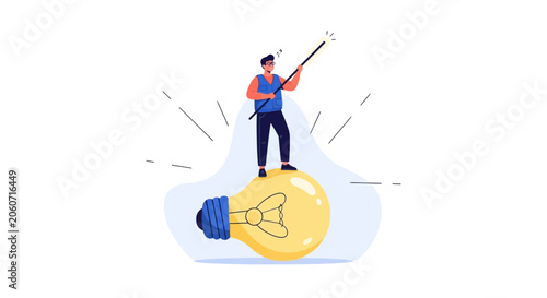 Creative man standing on a lightbulb holding a magic wand, symbolizing innovation and new ideas, vector illustration