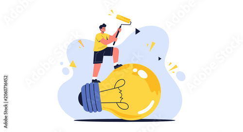 Creative Man Painting a Giant Light Bulb, Symbolizing Innovation, Ideas, and Inspiration