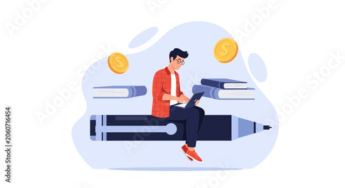 Creative Learning and Earning - Man on Pen with Laptop, Books, and Coins
