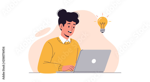 Creative Person Working on Laptop with Lightbulb Idea Symbol Above - Flat Illustration