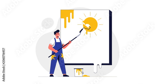 Creative Painter Adding Sun to Canvas, Illustrating Art and Innovation