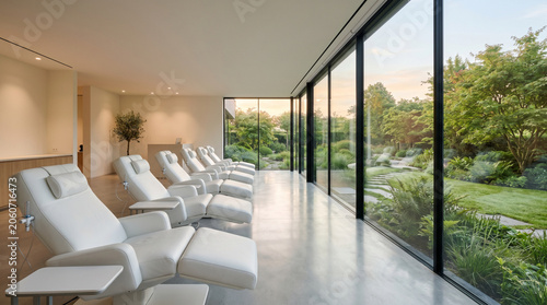 Modern IV therapy lounge chairs in wellness clinic overlooking garden