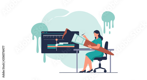 Creative Process: Woman Designing with Giant Brush and Digital Timeline Interface