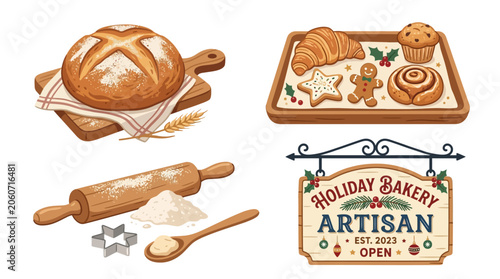 Holiday artisan bakery scene with bread, pastries, and utensils on display