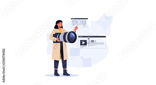 Creative Professional with Camera and Video Editing Interface, Illustrating Digital Content Creation