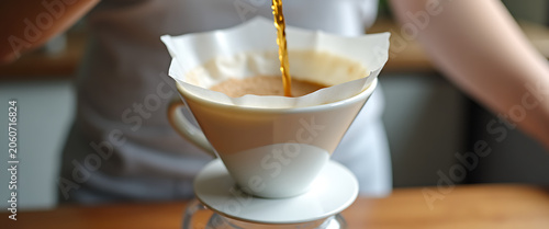 Pouring filter coffee into cup close up.