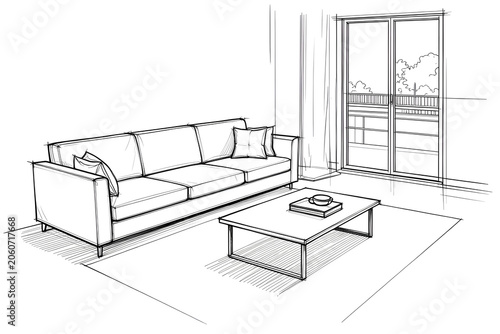 Realistic Hand Drawn Sketch of a Modern Living Room Sofa and Coffee Table Scene.