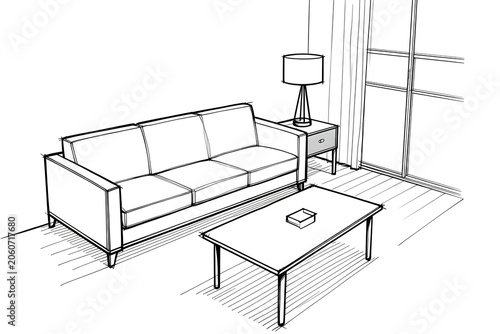 Realistic Hand Drawn Sketch of a Modern Living Room Sofa and Coffee Table Scene.