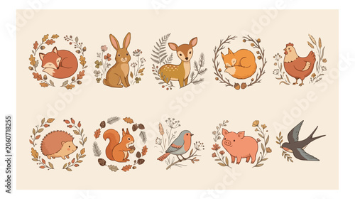 Cottagecore woodland animal vector set, 10 rustic forest creatures with floral wreaths, hand drawn autumn wildlife illustrations for nursery decor