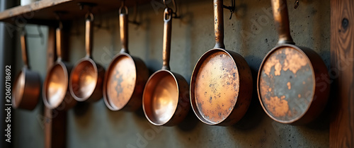 Row of vintage copper pots and pans hanging on wall, kitchen interior detail.