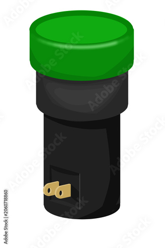 Green industrial pushbutton switch isolated on transparent black background for control panel interface design