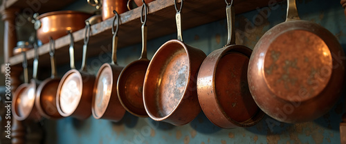 Assorted copper pans hanging on shelf in kitchen, culinary equipment display.