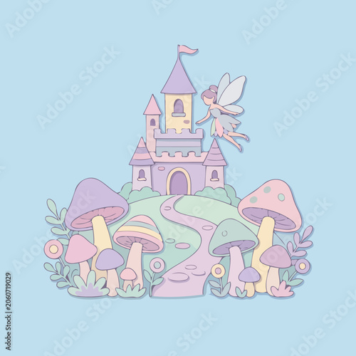 Εκτύπωση καμβά Pastel fairy flying near a magical castle on a hill