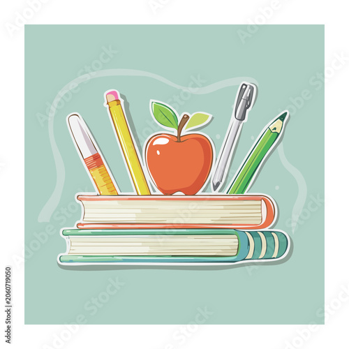 Colorful school supplies illustration with books and apple