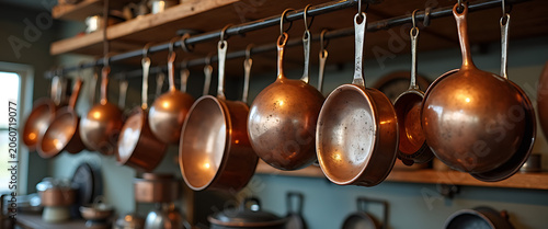 Copper pots and pans hang from rack in kitchen, vintage cookware collection display.