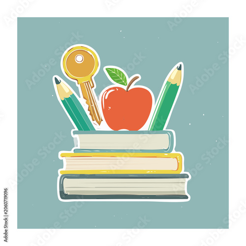 Flat illustration of books, apple, pencils, and key