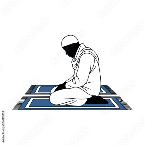 Fényképezés Muslim man kneeling on a prayer rug for namaz, spiritual worship, and Islamic re