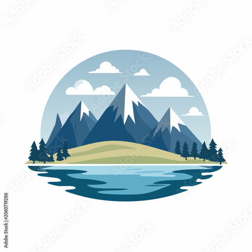 Stylized Mountain Landscape with Lake and Clouds