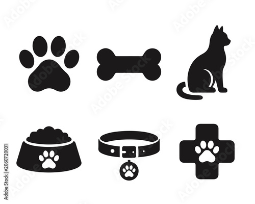 Pet care icon set in black and white