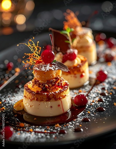 A gourmet dessert dish featuring three creamy treats